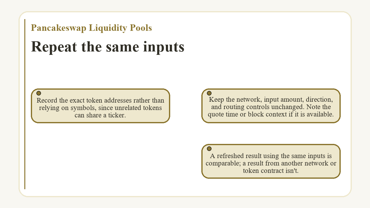 Repeat the same inputs: Record the exact token addresses rather than relying on symbols, since unrelated tokens can share a ticker.; Keep the network, input amount, direction, and routing controls unchanged. Note the quote time or block context if it is available.; A refreshed result using the same inputs is comparable; a result from another network or token contract isn't.