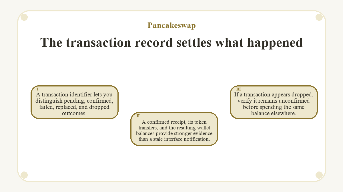 The transaction record settles what happened: A transaction identifier lets you distinguish pending, confirmed, failed, replaced, and dropped outcomes.; A confirmed receipt, its token transfers, and the resulting wallet balances provide stronger evidence than a stale interface notification.; If a transaction appears dropped, verify it remains unconfirmed before spending the same balance elsewhere.